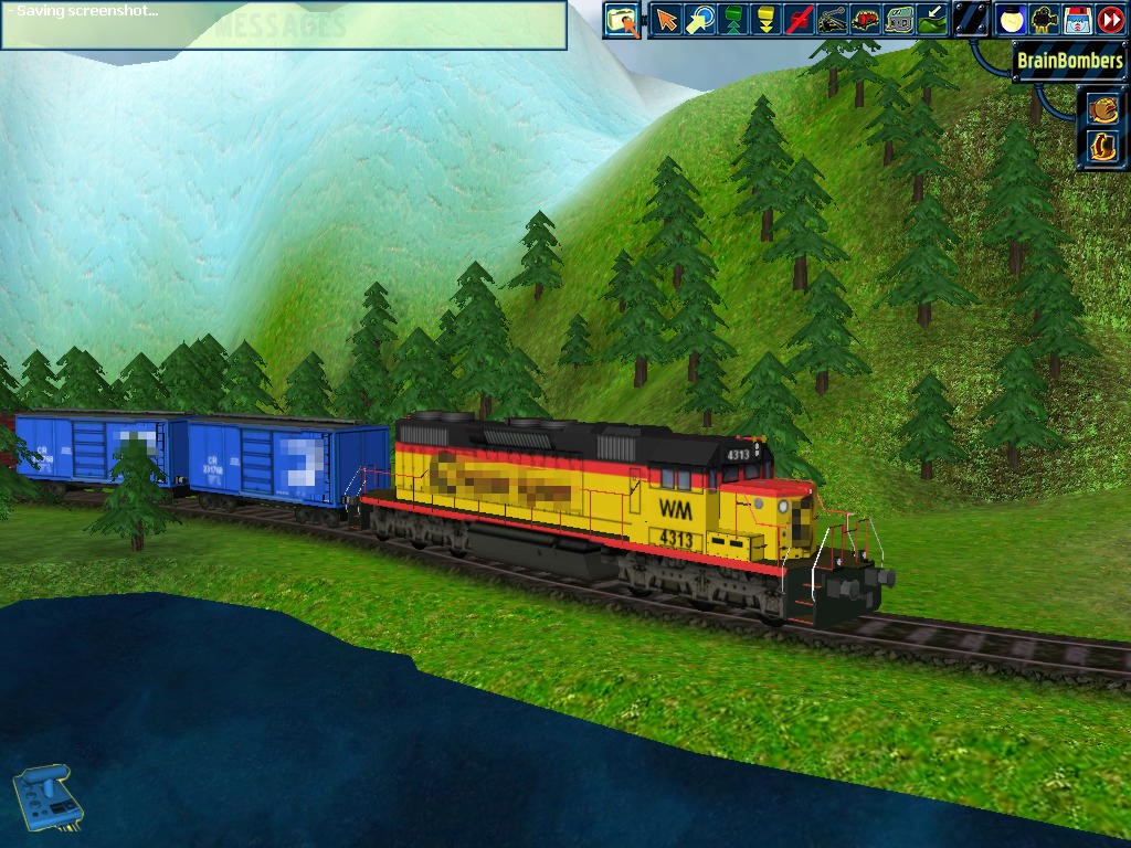 model train next to a small pond, train in the hills in train game Rule the Rail! detail view